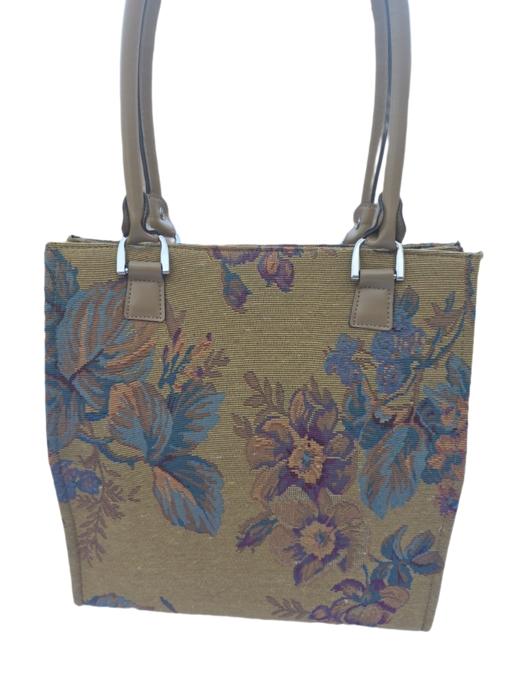 Vintage Pegasus Floral Tapestry Tote Bag - Earthy Tones & Vegan Leather Handles - Picture 11 of 15